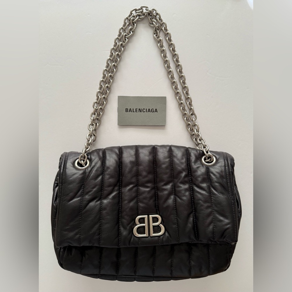 Authentic Balenciaga Logo Monaco Chain Bag S Quilted Thin Calf Black - Picture 2 of 13
